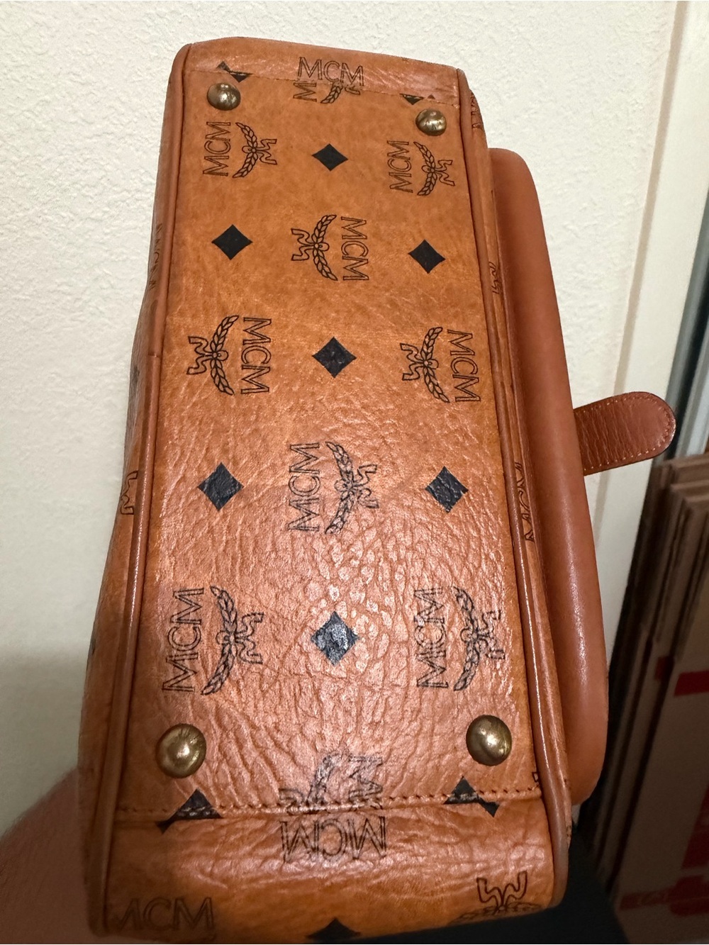 MCM Tan & Cognac Leather Messenger Bag with Monogram - Picture 5 of 6